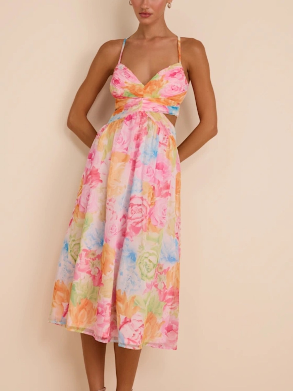 Lulu's Pastel Floral Spaghetti-Strap Midi Dress - Pink Multi NEW with tags!!